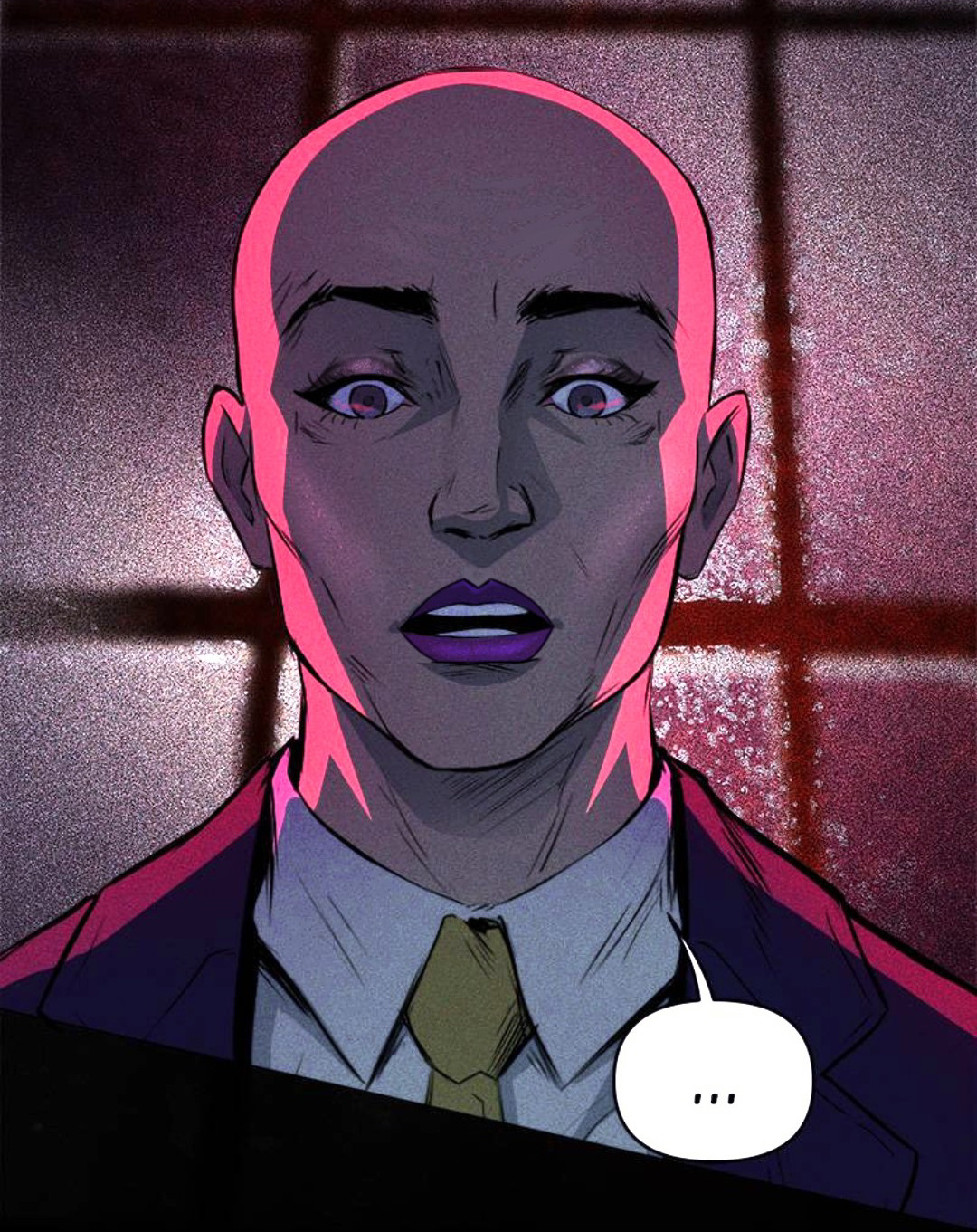 Comic edit of Lex Luthor. He is wearing sparkly purple eyeshadow and purple lipstick, with highlighter on his cheeks. He is in a dark room with pink side lighting.