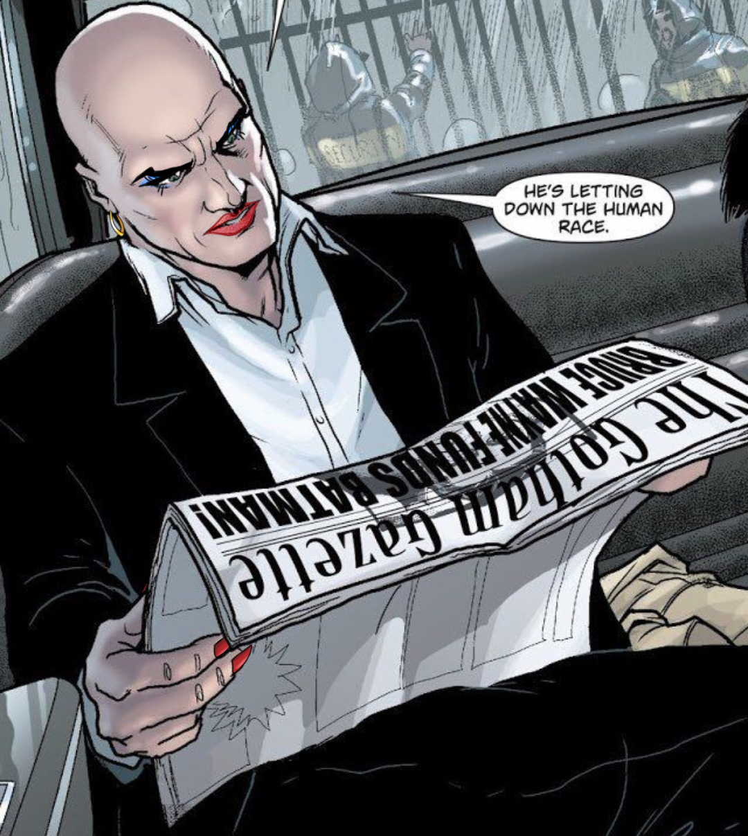 Comic edit of Lex Luthor, who is sitting the backseat of a car reading the news. He is saying 'He's letting down the human race.' He is wearing makeup which includes blue eyeshadow and red lipstick. He also has red acrylic nails.