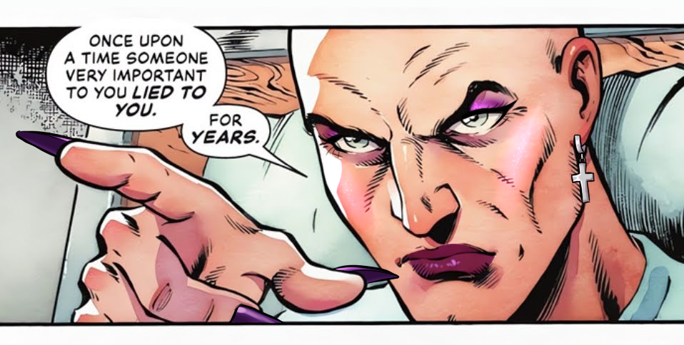 Comic edit of Lex Luthor, who is wearing purple makeup and purple acrylics nails, with a silver cross earring in his right ear. He is pointing to the left of the viewer.