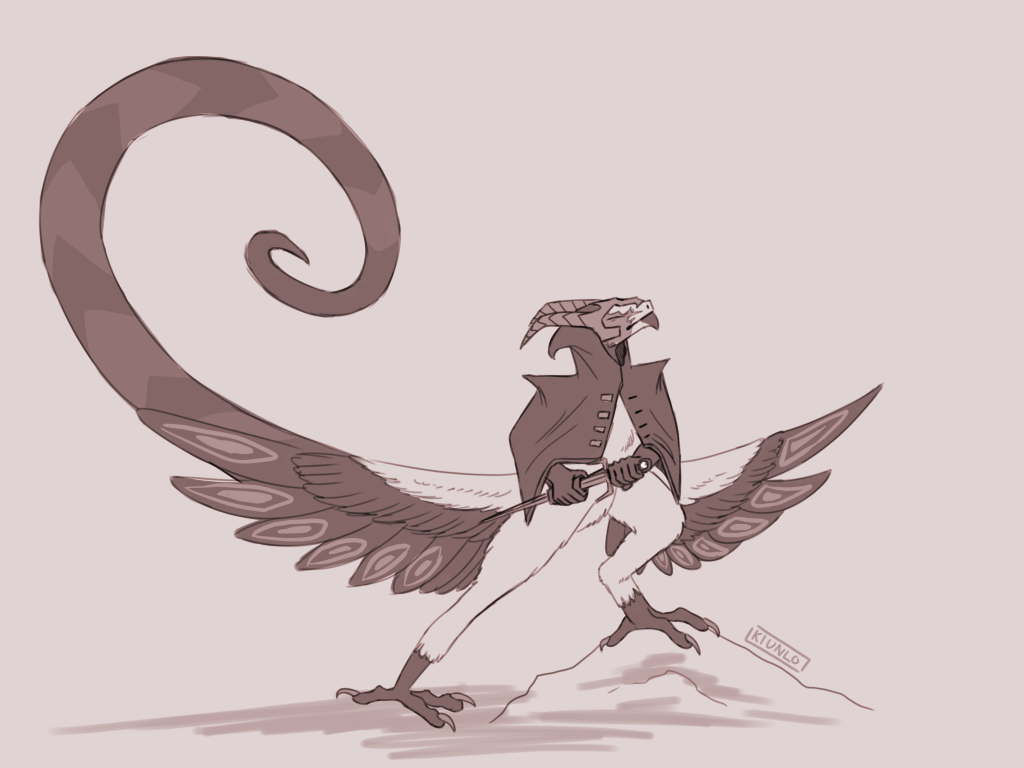 Sketch of a bird-like character with a long, mammal-like tail. They are unsheathing a sword.