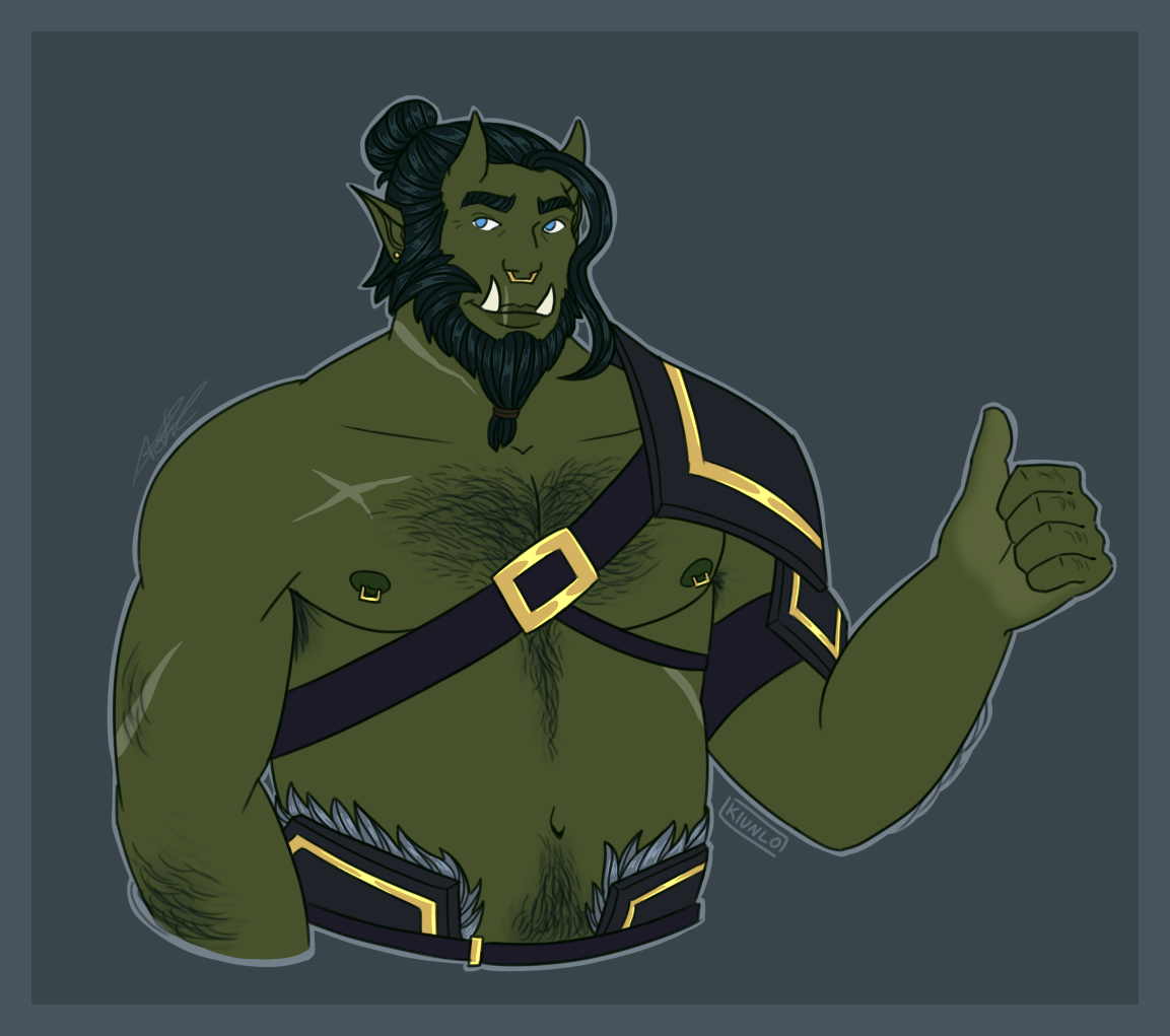 Drawing of an orc giving the viewer a thumbs up.