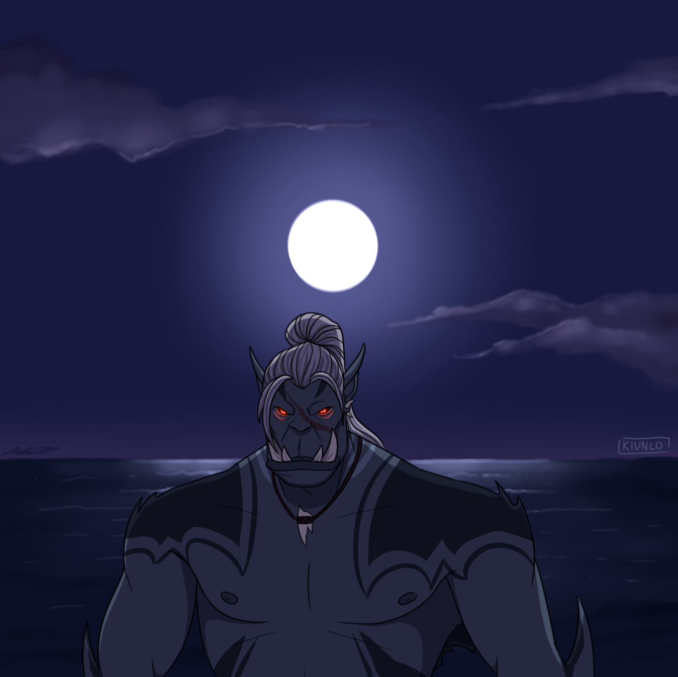 Drawing of an orc standing in front of the ocean at night. The moon is behind him.