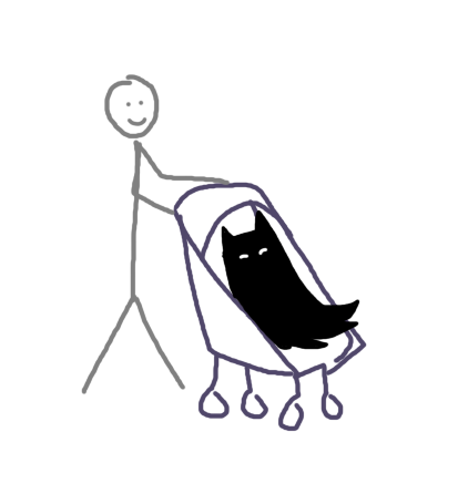 Drawing of a stick person pushing a baby-stroller which has a happy looking Bat-blob sitting in it.