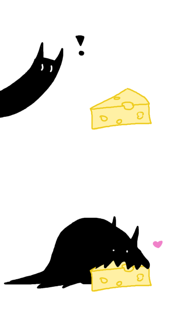 Two panel drawing. First panel: A Bat-blob discoveres a wedge of cheese. Second panel: The Bat-blob starts to eat the cheese with his freak-ish mouth.