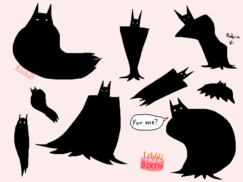 Drawing of various different batblobs in different sizes and shapes. One of the batblobs is leaning over a cake that says 'BIRTH' on the side. The Batblob is saying 'For me?'. Another Batblob has a bump in his cape, and an arrow points to it, labelled 'Robin'.