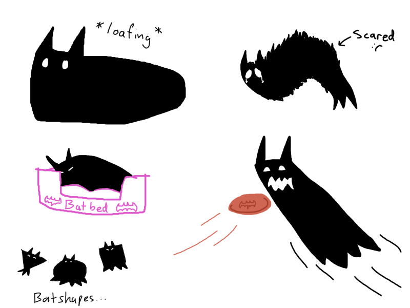 Variety of drawings of Bat-blobs. One looks like a cat that is 'loafing'. Another is lying down in a cat bed asleep. Another Bat-blob looks like a scared cat with raised fur. The last Bat-blob is catching a frisbee.