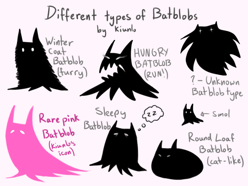 Drawings of different Bat-blobs. First is a Bat-blob with fur. Second Bat-blob has an open mouth with scary teeth, as he is hungry. The third looks like a ghost. The fourth is bright pink. The fifth has fallen asleep standing up. The last Bat-blob is loafing like a cat.