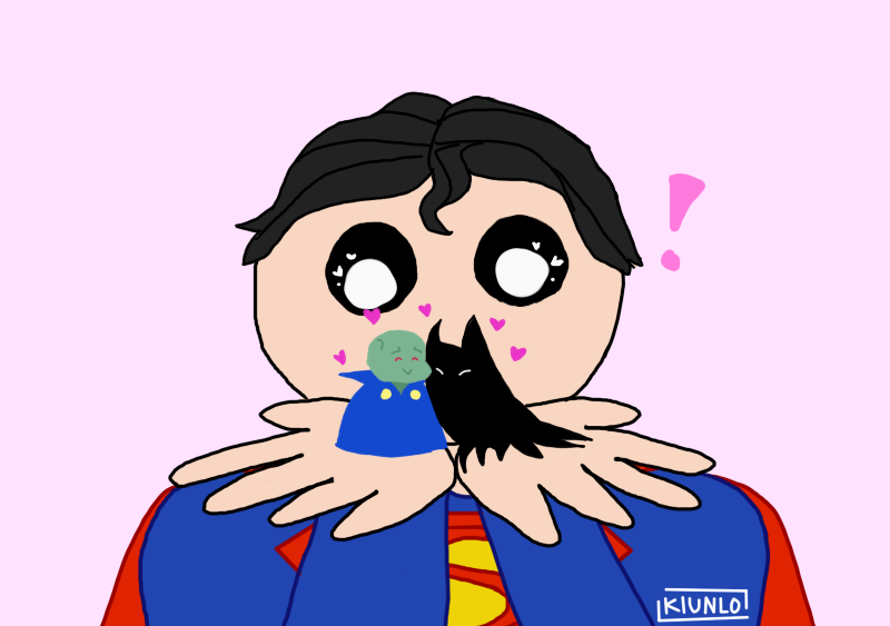 Drawing of Superman holding the small Martian-blob and Bat-blob in the palms of his hands. He has an expression of awe.