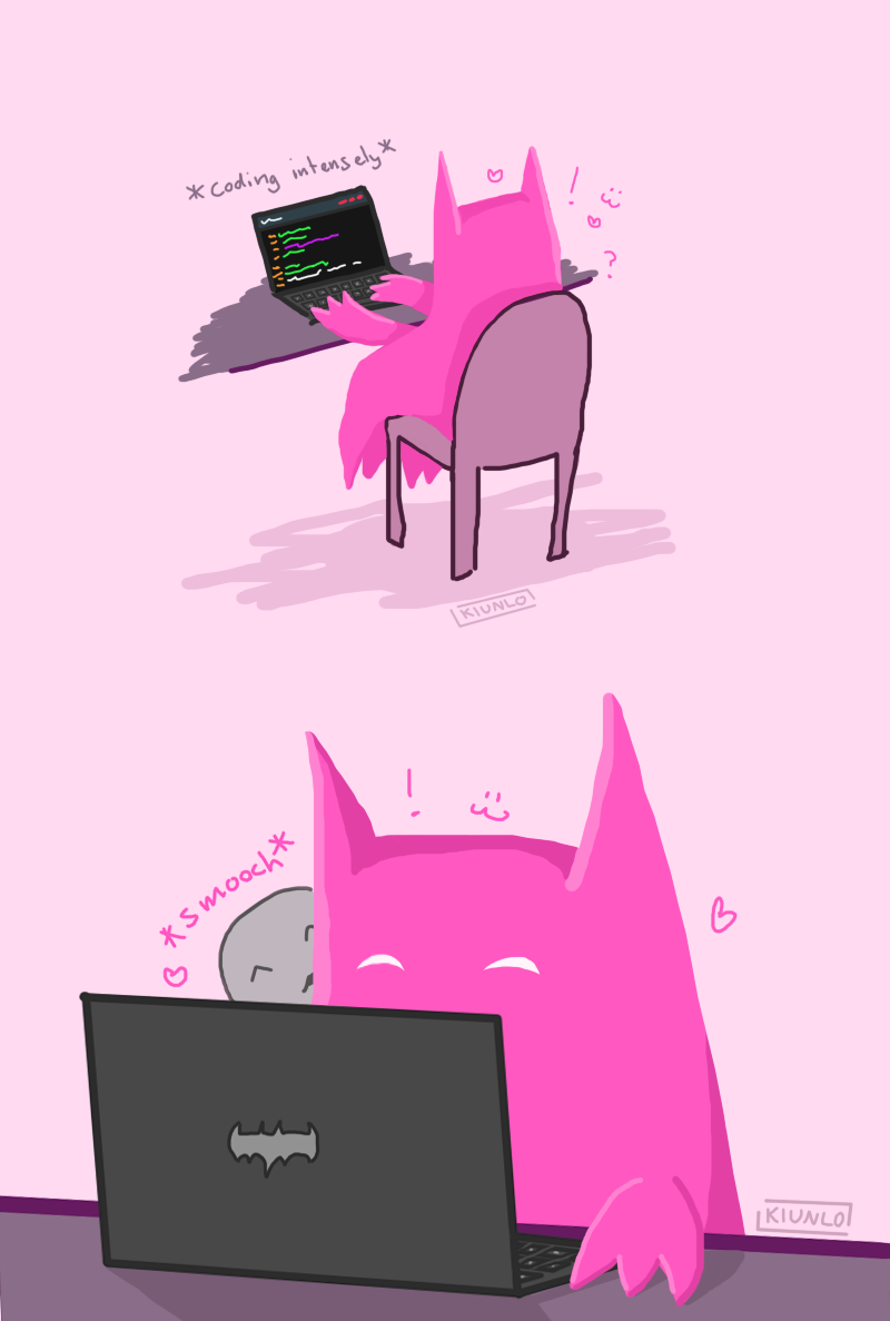 Two panel drawing. First panel: Pink Bat-blob sits at a desk on his computer, coding his neocities website. Second panel: A grey person with no features smooches the pink Bat-blob on the head.