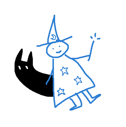 Drawing of a stick-figure wizard holding a wand, with a Batblob peaking out from behind him.